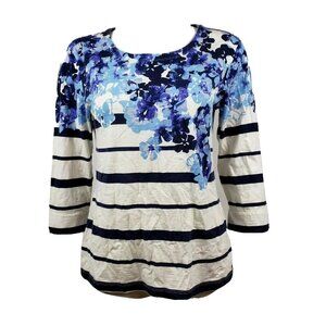 Coldwater Creek Top Womens Size XS (4-6) White Blue Floral Striped 3/4 Sleeve